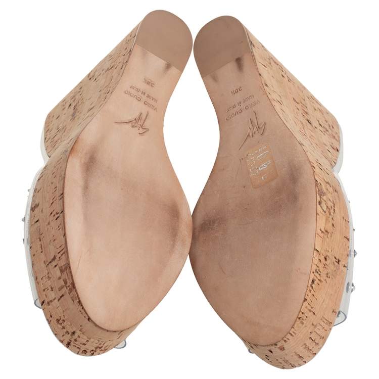 Pre Owned Giuseppe Zanotti Silver PVC Crystal Embellished Platform Wedge Slide Sandals Size 38.5