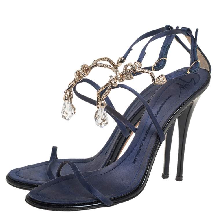 Pre Owned Giuseppe Zanotti Blue Satin Embellished Sandals Size 38.5