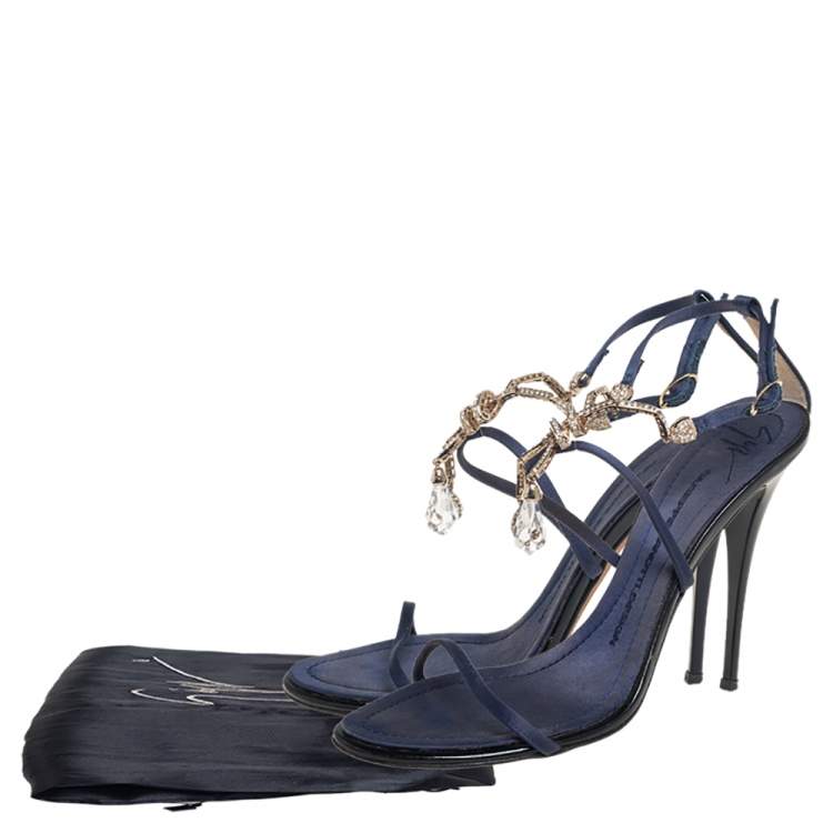 Pre Owned Giuseppe Zanotti Blue Satin Embellished Sandals Size 38.5