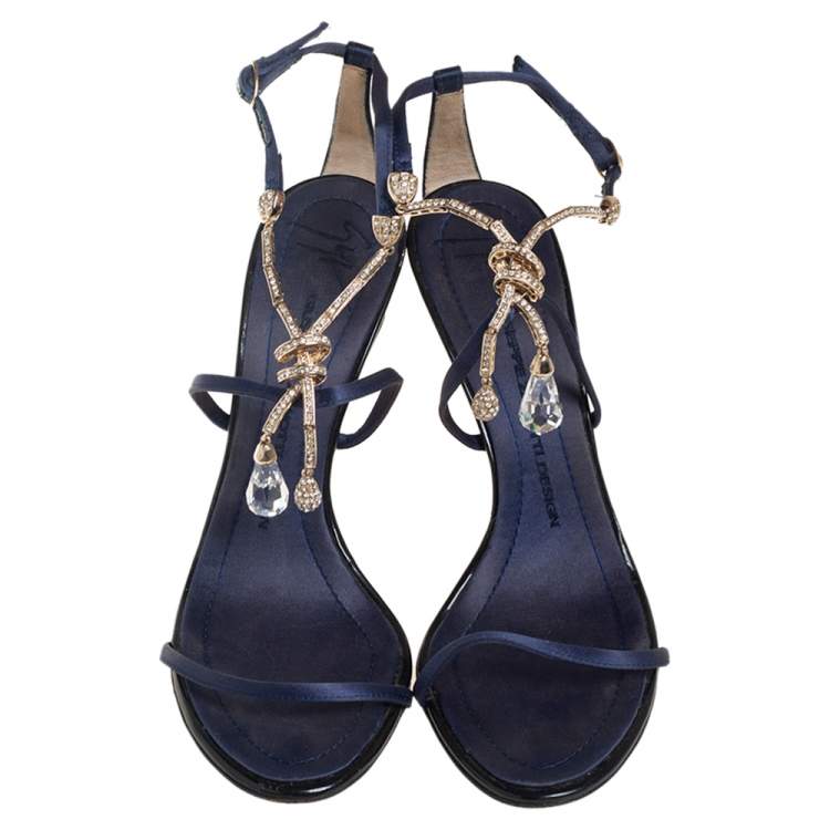 Pre Owned Giuseppe Zanotti Blue Satin Embellished Sandals Size 38.5