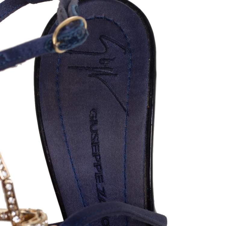 Pre Owned Giuseppe Zanotti Blue Satin Embellished Sandals Size 38.5