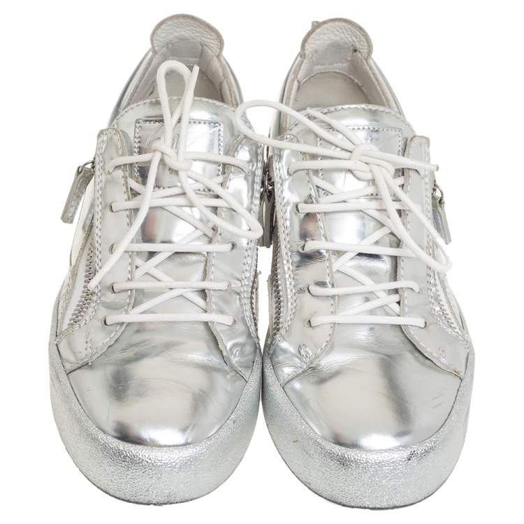 Pre Owned Giuseppe Zanotti Silver Leather Lace up Sneakers Size 40