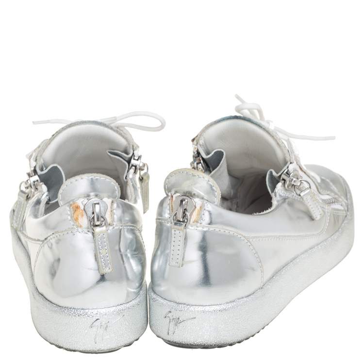 Pre Owned Giuseppe Zanotti Silver Leather Lace up Sneakers Size 40