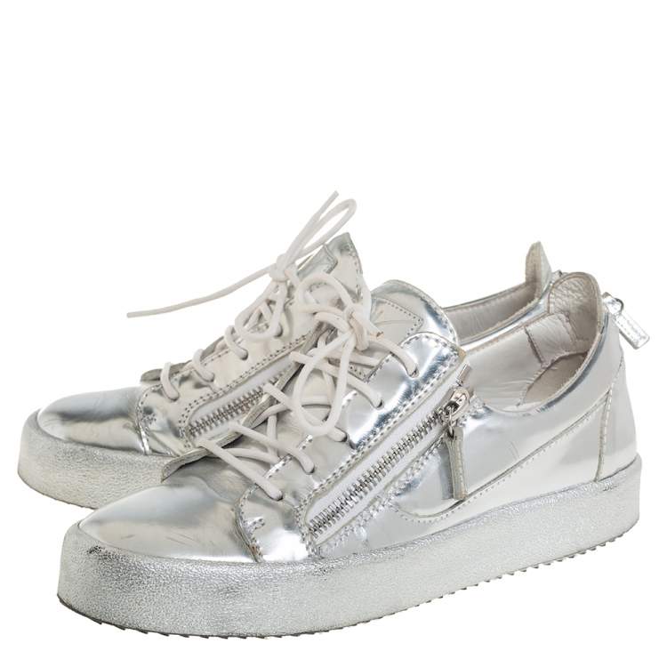Pre Owned Giuseppe Zanotti Silver Leather Lace up Sneakers Size 40