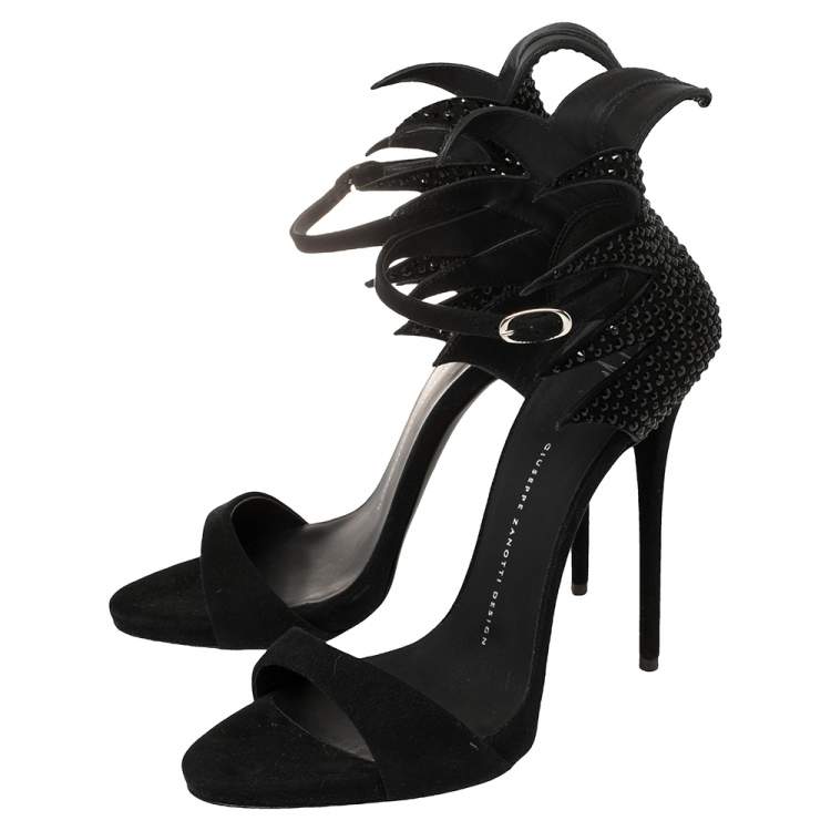 Pre Owned Giuseppe Zanotti Black Suede Coline Embellished Open Toe Sandals Size 39