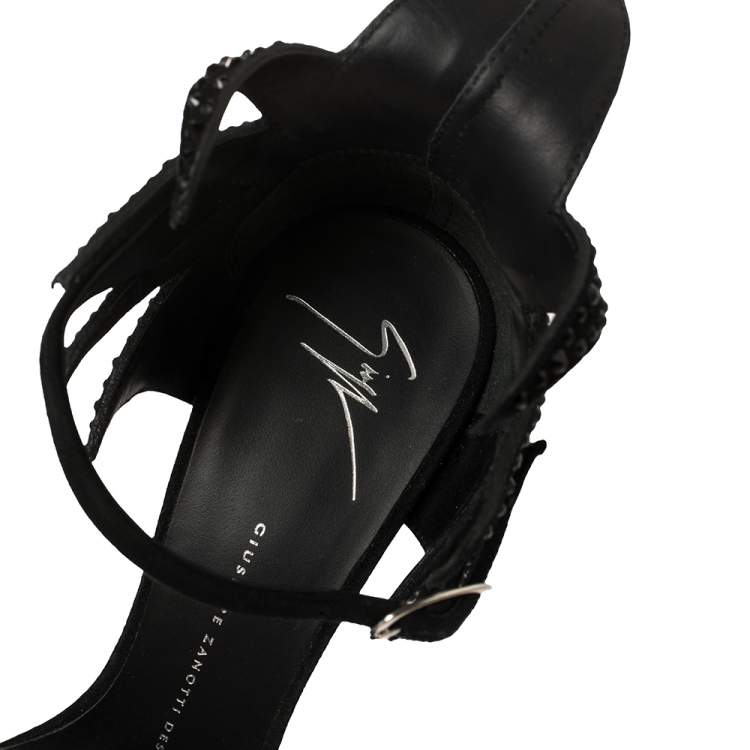 Pre Owned Giuseppe Zanotti Black Suede Coline Embellished Open Toe Sandals Size 39