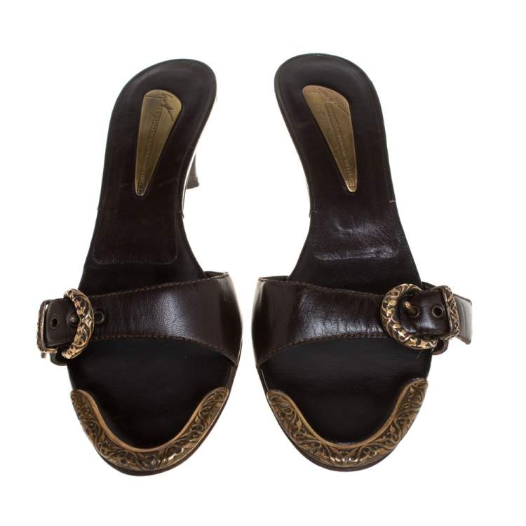 Pre Owned Giuseppe Zanotti Brown Leather Buckle Detail Open Toe Sandals Size 37