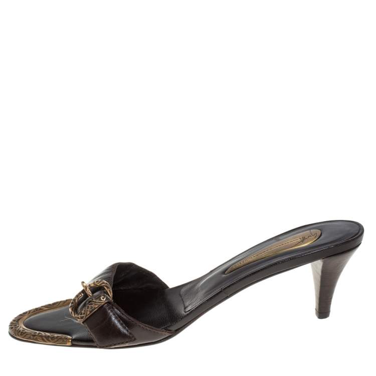 Pre Owned Giuseppe Zanotti Brown Leather Buckle Detail Open Toe Sandals Size 37