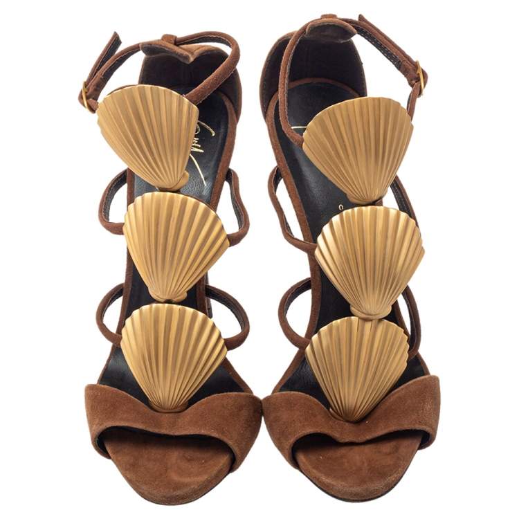 Pre Owned Giuseppe Zanotti Brown Suede Seashell Embellished Ankle Strap Sandals Size 36