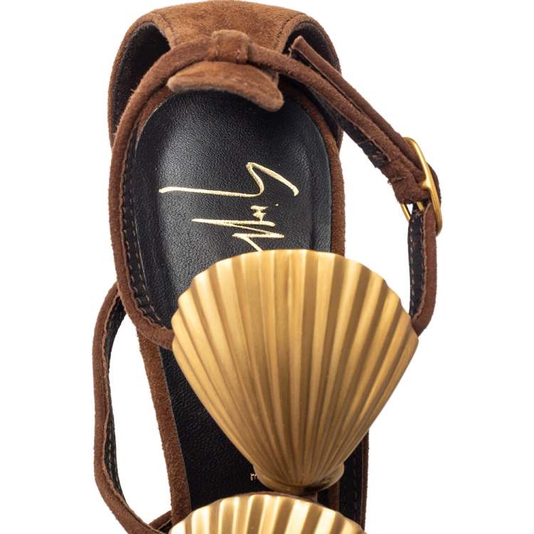 Pre Owned Giuseppe Zanotti Brown Suede Seashell Embellished Ankle Strap Sandals Size 36