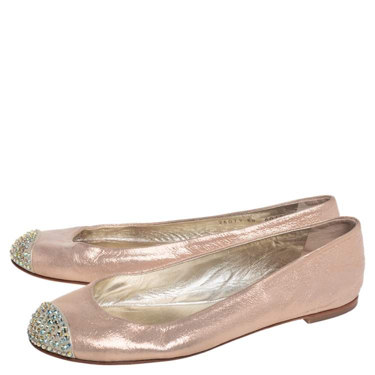Pre Owned Giuseppe Zanotti Metallic Beige Leather Crystal Embellished Cap Toe Ballet Flats Size 38