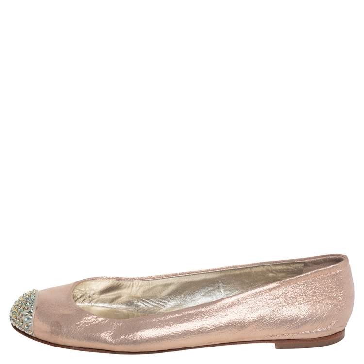 Pre Owned Giuseppe Zanotti Metallic Beige Leather Crystal Embellished Cap Toe Ballet Flats Size 38