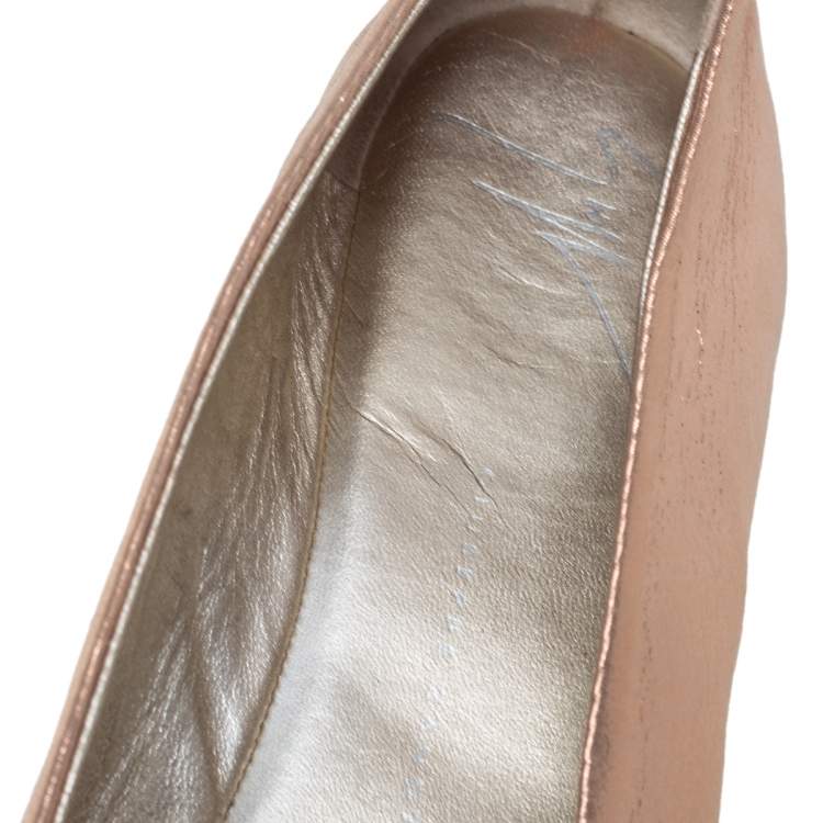 Pre Owned Giuseppe Zanotti Metallic Beige Leather Crystal Embellished Cap Toe Ballet Flats Size 38
