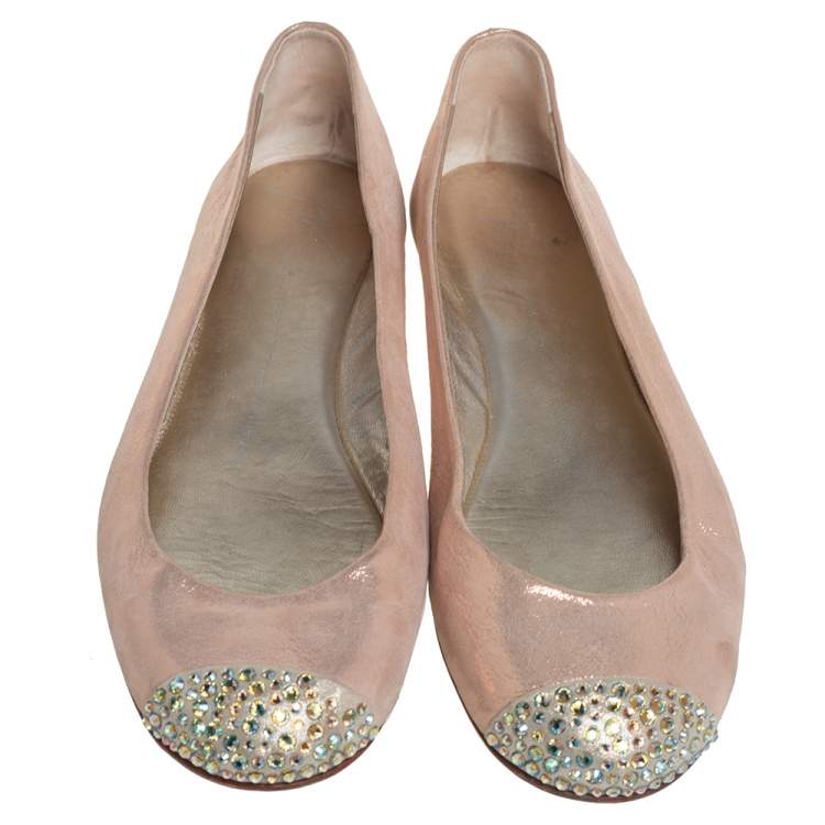 Pre Owned Giuseppe Zanotti Metallic Beige Leather Crystal Embellished Cap Toe Ballet Flats Size 38