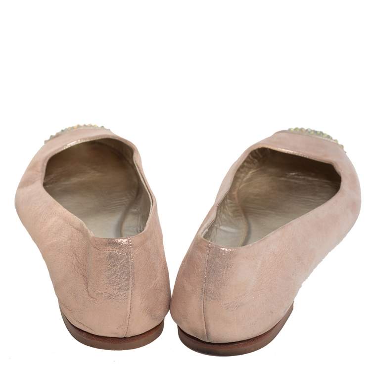 Pre Owned Giuseppe Zanotti Metallic Beige Leather Crystal Embellished Cap Toe Ballet Flats Size 38