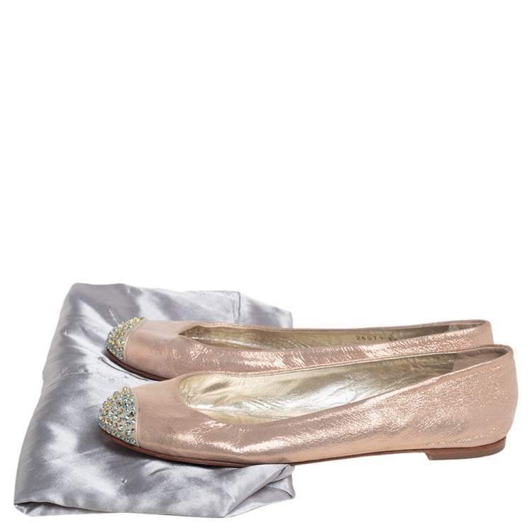 Pre Owned Giuseppe Zanotti Metallic Beige Leather Crystal Embellished Cap Toe Ballet Flats Size 38