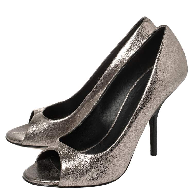 Pre Owned Giuseppe Zanotti Silver Crackle Leather Peep Toe Pumps Size 40