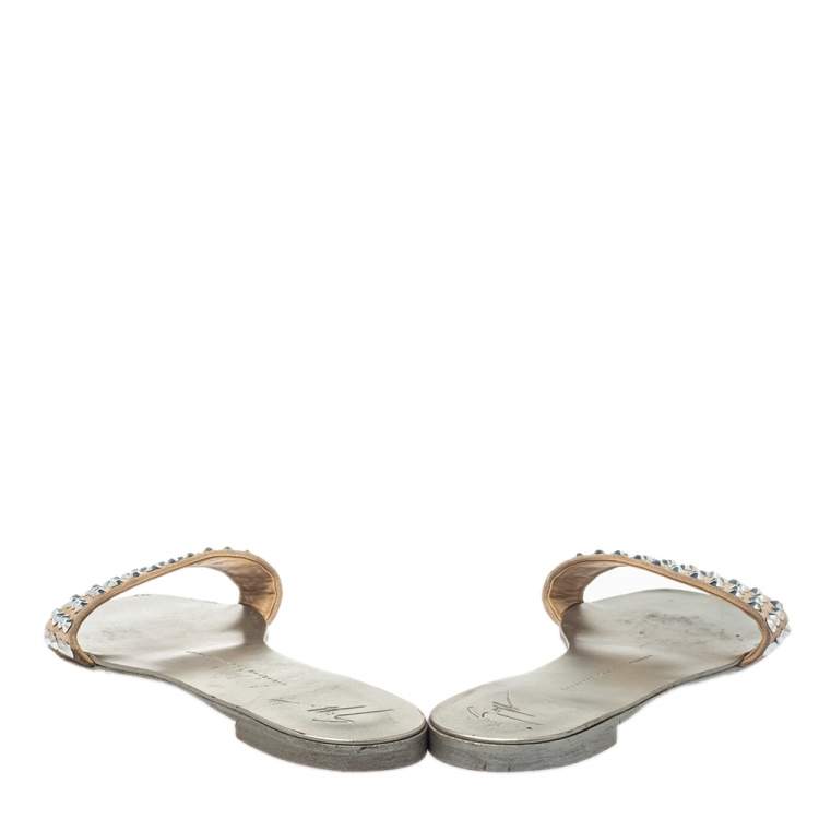 Pre Owned Giuseppe Zanotti Beige Suede Crystal Slide Sandals Size 38.5