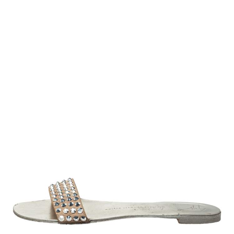 Pre Owned Giuseppe Zanotti Beige Suede Crystal Slide Sandals Size 38.5