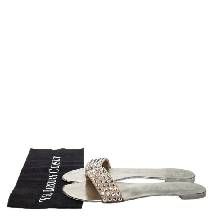 Pre Owned Giuseppe Zanotti Beige Suede Crystal Slide Sandals Size 38.5