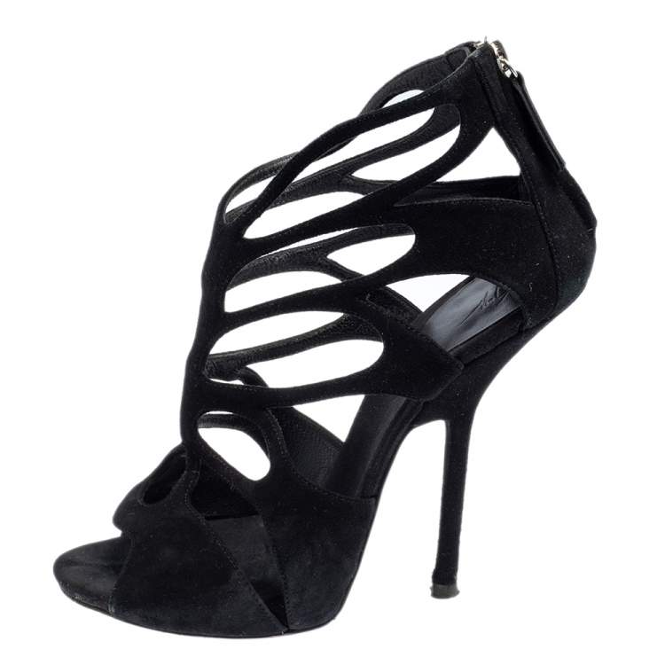 Pre Owned Giuseppe Zanotti Black Suede Butterfly Cutout Sandals Size 38