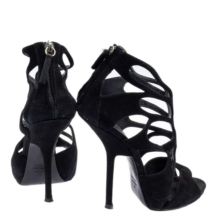 Pre Owned Giuseppe Zanotti Black Suede Butterfly Cutout Sandals Size 38