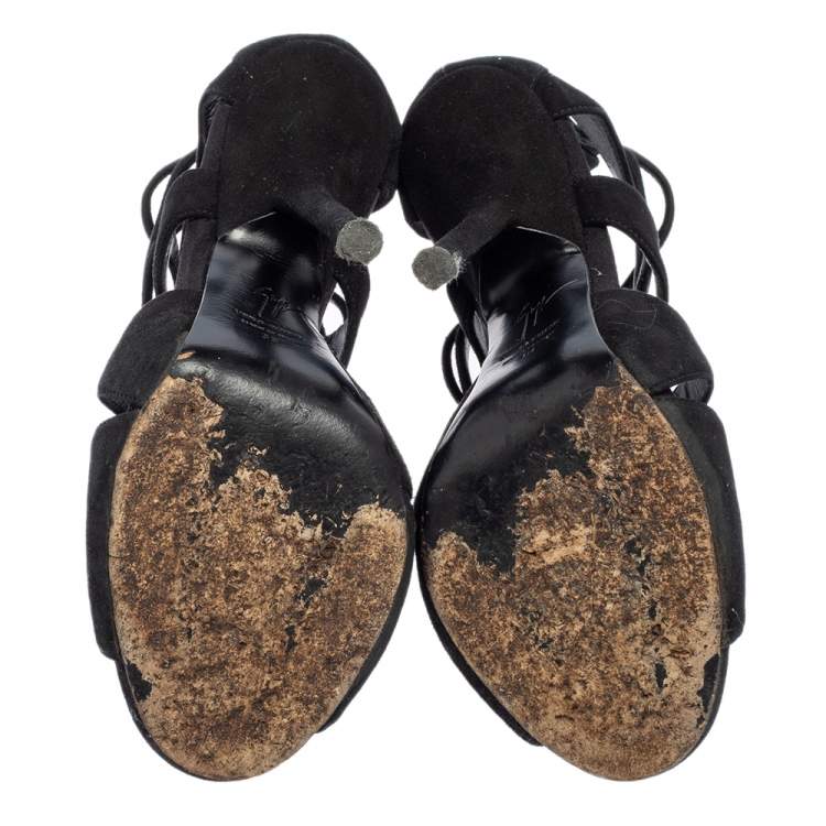 Pre Owned Giuseppe Zanotti Black Suede Butterfly Cutout Sandals Size 38