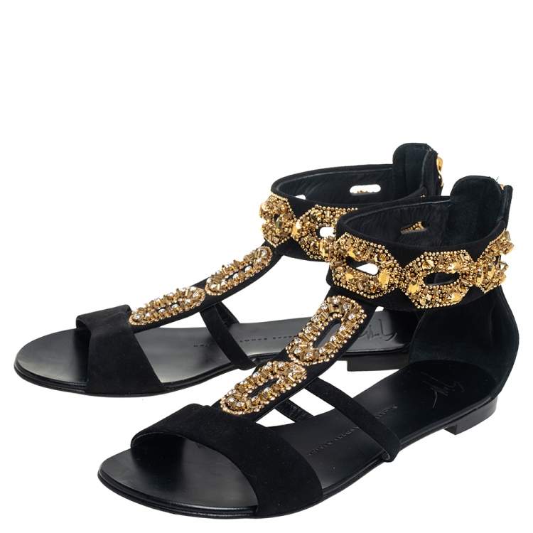 Pre Owned Giuseppe Zanotti Black Suede Embellished Sandals  Size 38