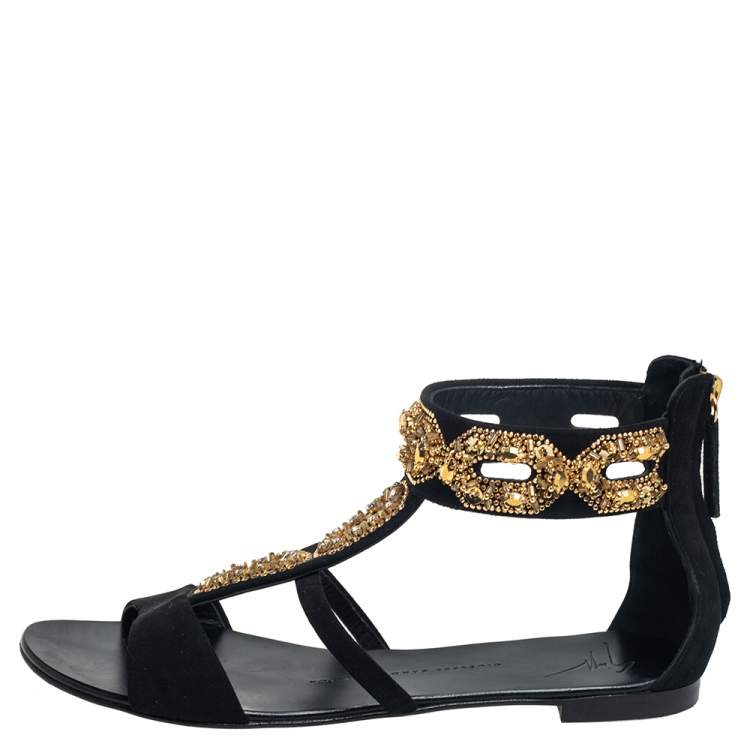 Pre Owned Giuseppe Zanotti Black Suede Embellished Sandals  Size 38
