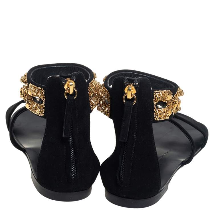 Pre Owned Giuseppe Zanotti Black Suede Embellished Sandals  Size 38