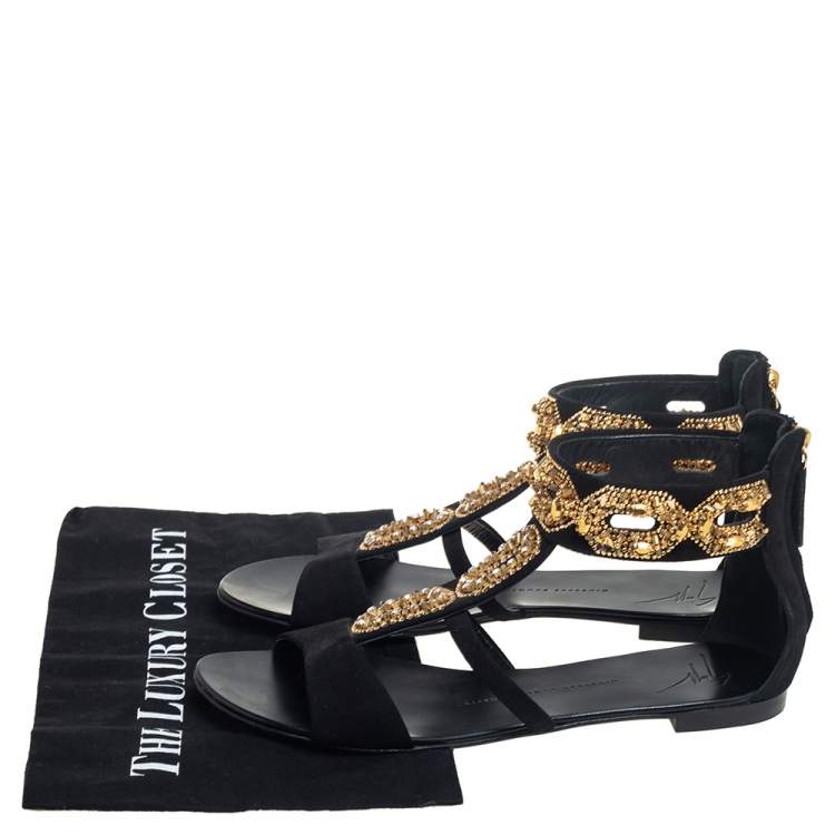 Pre Owned Giuseppe Zanotti Black Suede Embellished Sandals  Size 38