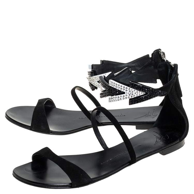 Pre Owned Giuseppe Zanotti Black Suede Embellished Flat Ankle Strap Sandals Size 39