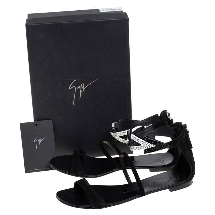 Pre Owned Giuseppe Zanotti Black Suede Embellished Flat Ankle Strap Sandals Size 39