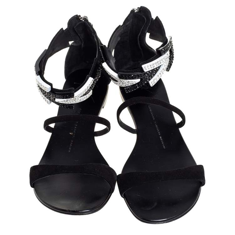 Pre Owned Giuseppe Zanotti Black Suede Embellished Flat Ankle Strap Sandals Size 39