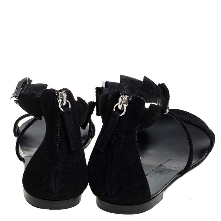 Pre Owned Giuseppe Zanotti Black Suede Embellished Flat Ankle Strap Sandals Size 39