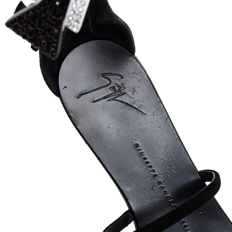 Pre Owned Giuseppe Zanotti Black Suede Embellished Flat Ankle Strap Sandals Size 39