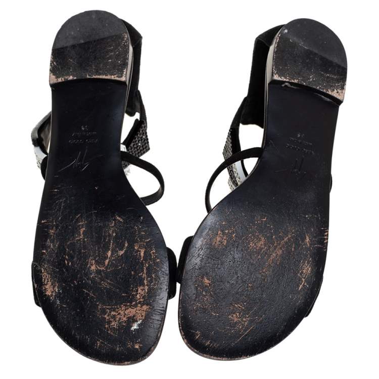 Pre Owned Giuseppe Zanotti Black Suede Embellished Flat Ankle Strap Sandals Size 39