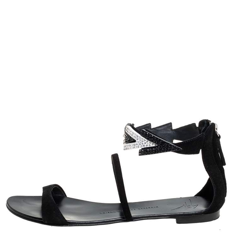 Pre Owned Giuseppe Zanotti Black Suede Embellished Flat Ankle Strap Sandals Size 39