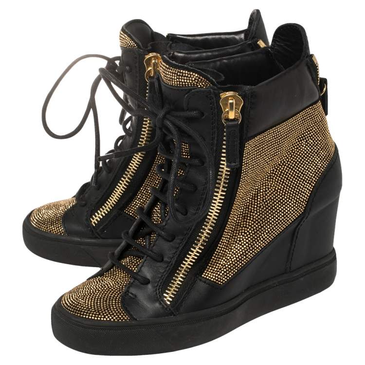 Pre Owned Giuseppe Zanotti Black Leather Studded High Top Wedge Sneakers 36.5
