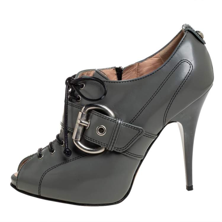 Pre Owned Giuseppe Zanotti Grey Leather Lace Up Buckle Detail Booties Size 37.5