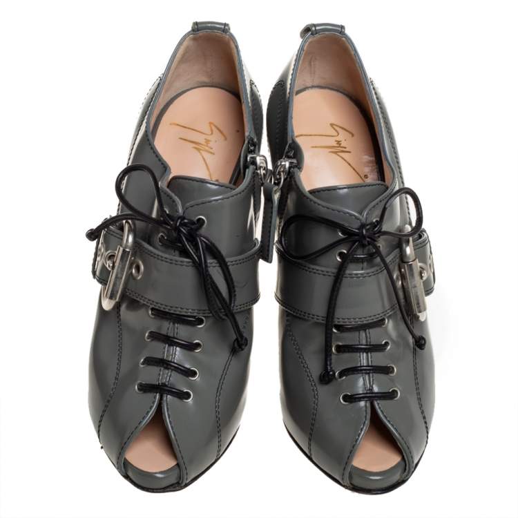 Pre Owned Giuseppe Zanotti Grey Leather Lace Up Buckle Detail Booties Size 37.5