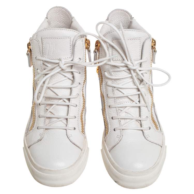 Pre Owned Giuseppe Zanotti White Leather High Top Chain Embellished Sneakers Size 37