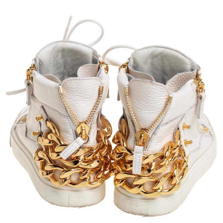 Pre Owned Giuseppe Zanotti White Leather High Top Chain Embellished Sneakers Size 37