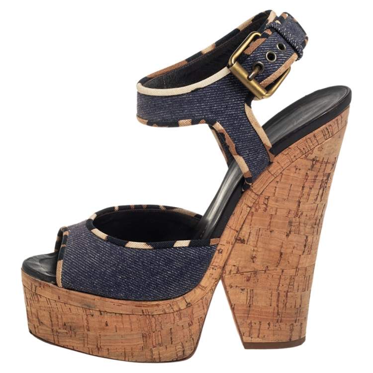 Pre Owned Giuseppe Zanotti Dark Wash Denim Cork Heel Platform Ankle Strap Sandals Size 39