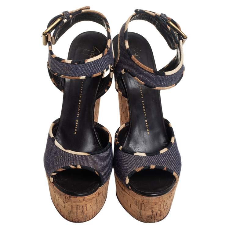 Pre Owned Giuseppe Zanotti Dark Wash Denim Cork Heel Platform Ankle Strap Sandals Size 39