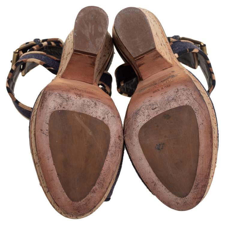 Pre Owned Giuseppe Zanotti Dark Wash Denim Cork Heel Platform Ankle Strap Sandals Size 39