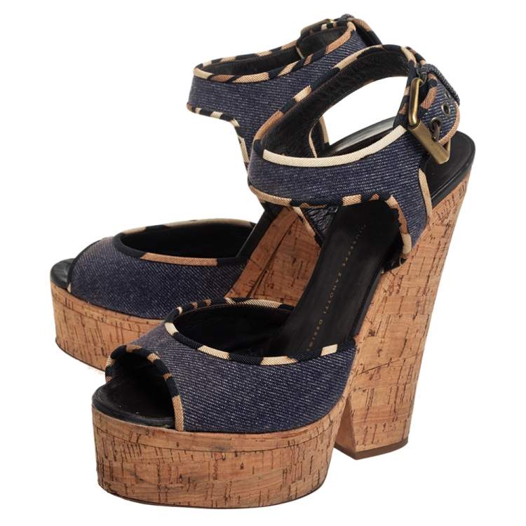 Pre Owned Giuseppe Zanotti Dark Wash Denim Cork Heel Platform Ankle Strap Sandals Size 39