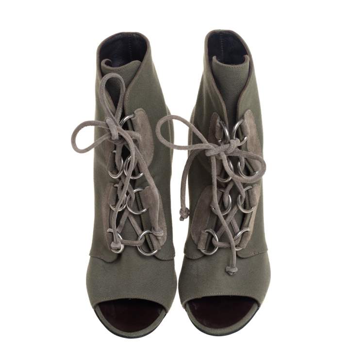 Pre Owned Giuseppe Zanotti Green Canvas Lace Up Peep Toe Booties Size 38