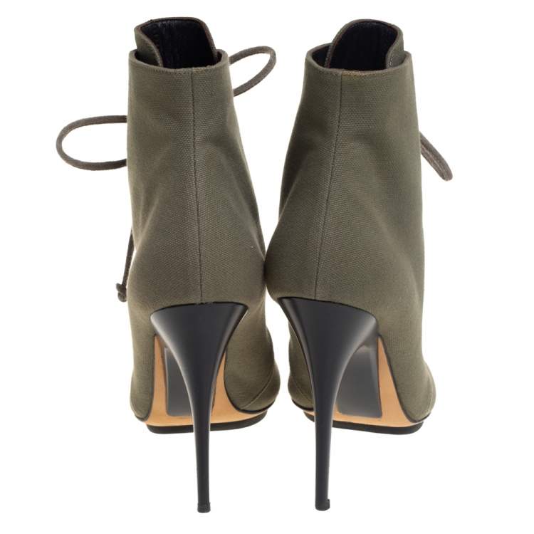 Pre Owned Giuseppe Zanotti Green Canvas Lace Up Peep Toe Booties Size 38
