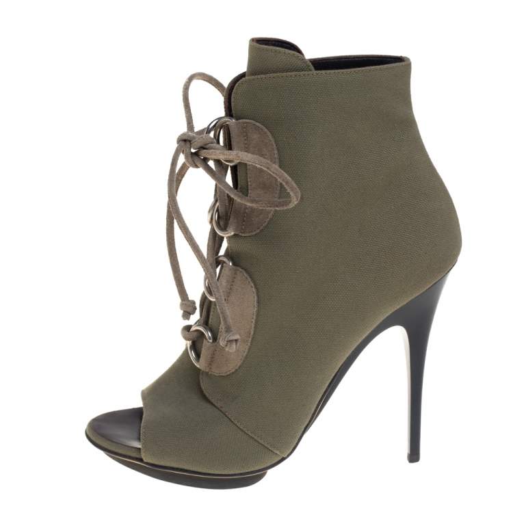 Pre Owned Giuseppe Zanotti Green Canvas Lace Up Peep Toe Booties Size 38